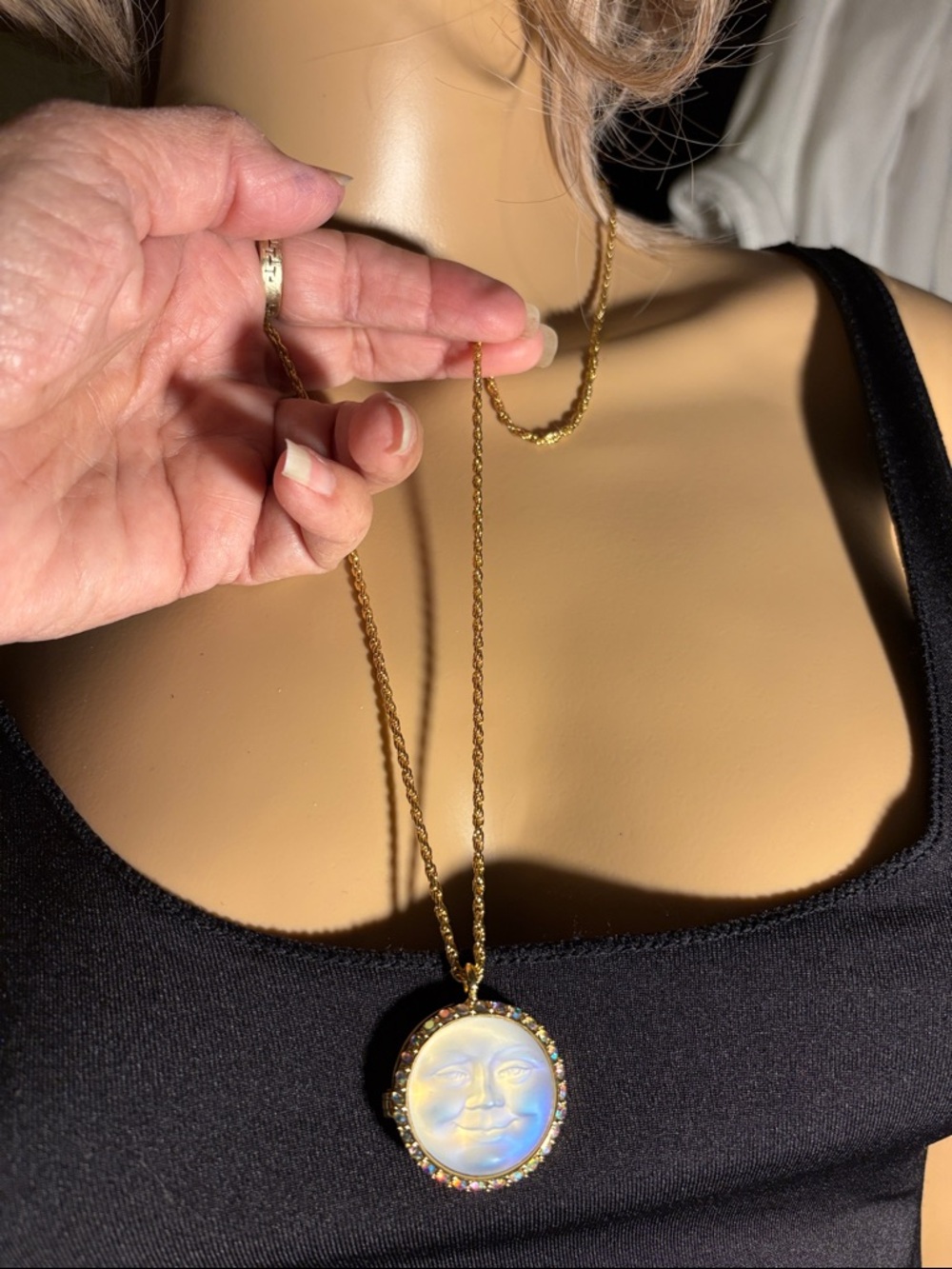 Gold-Tone Moon Face Locket Pendant Necklace with Iridescent White Cabochon